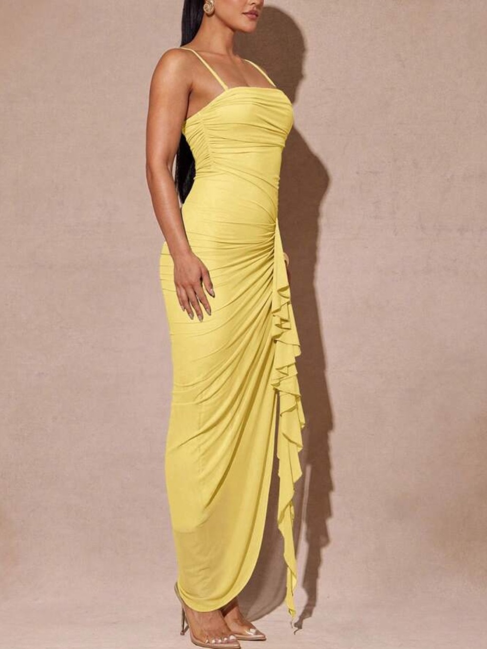 Yellow Ruched Sheath Dress with Side Ruffle - Picture 5 of 7